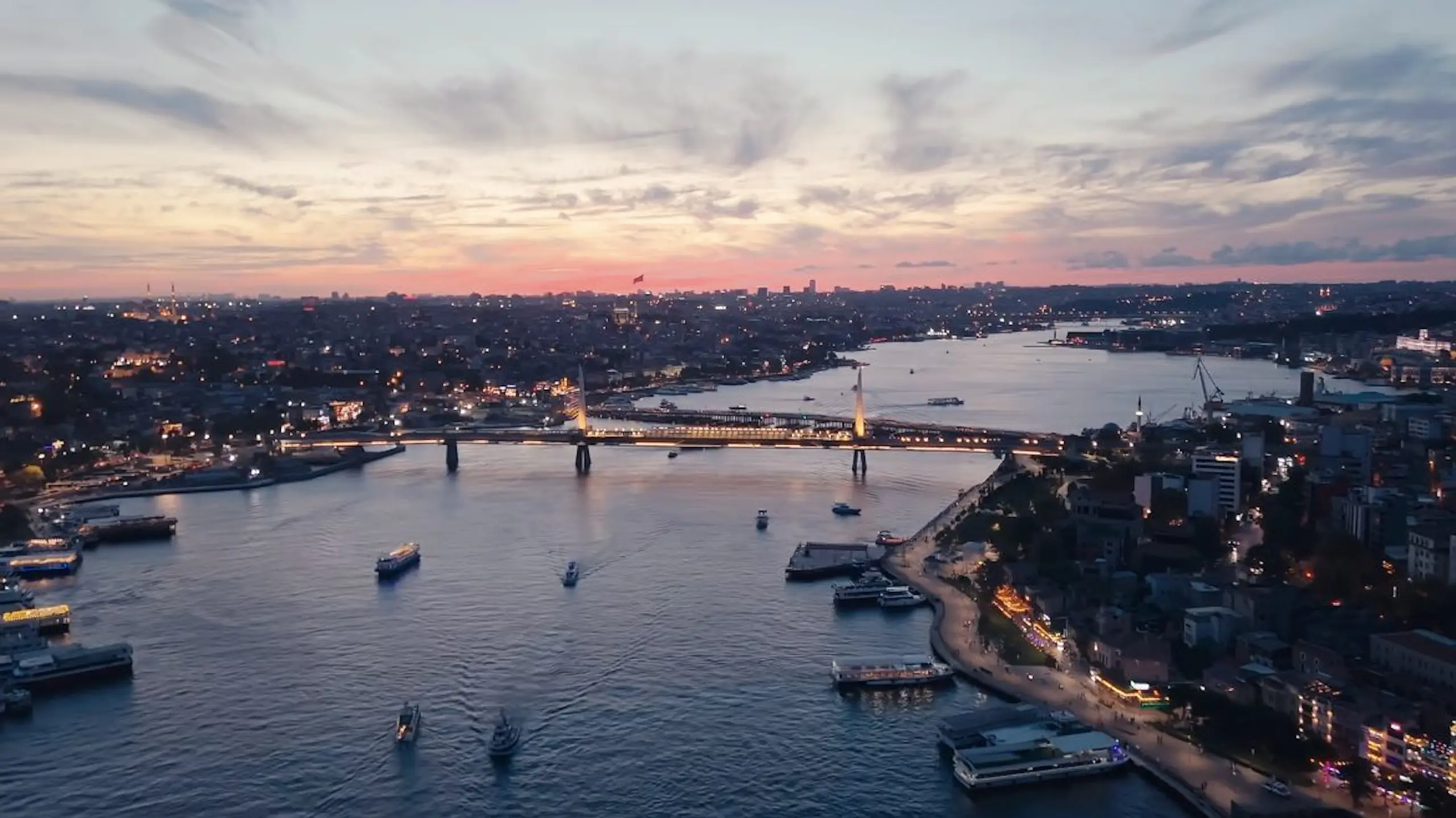 Istanbul skyline with Hagia Sophia, Blue Mosque, Galata Tower and Bosphorus at golden hour