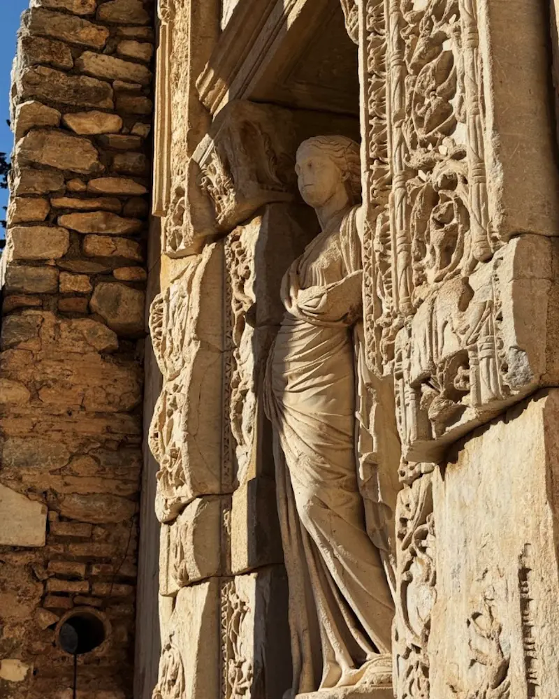 Library of Celsus columns in Ephesus under evening light
